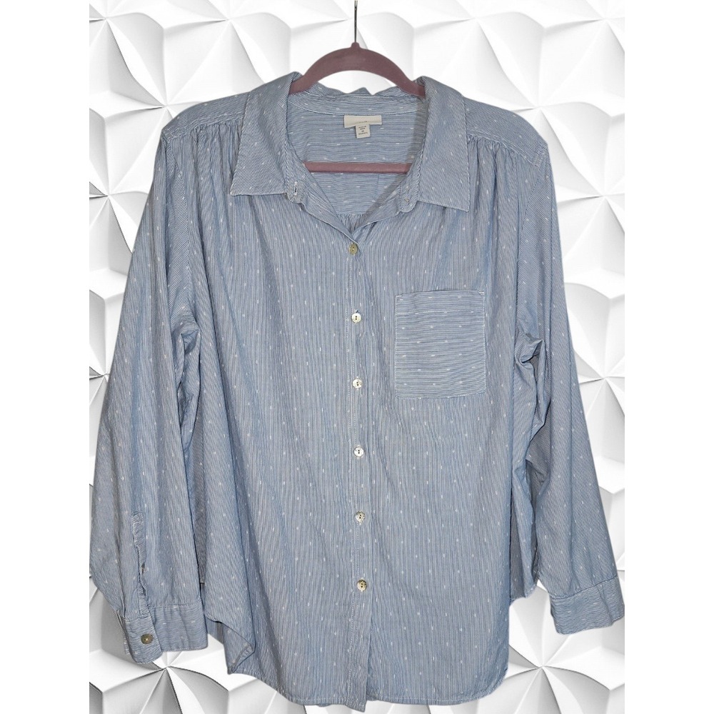 J. Jill Womens 2X Blue White Striped Dobby Dot Button Down Shirt Long Sleeve
